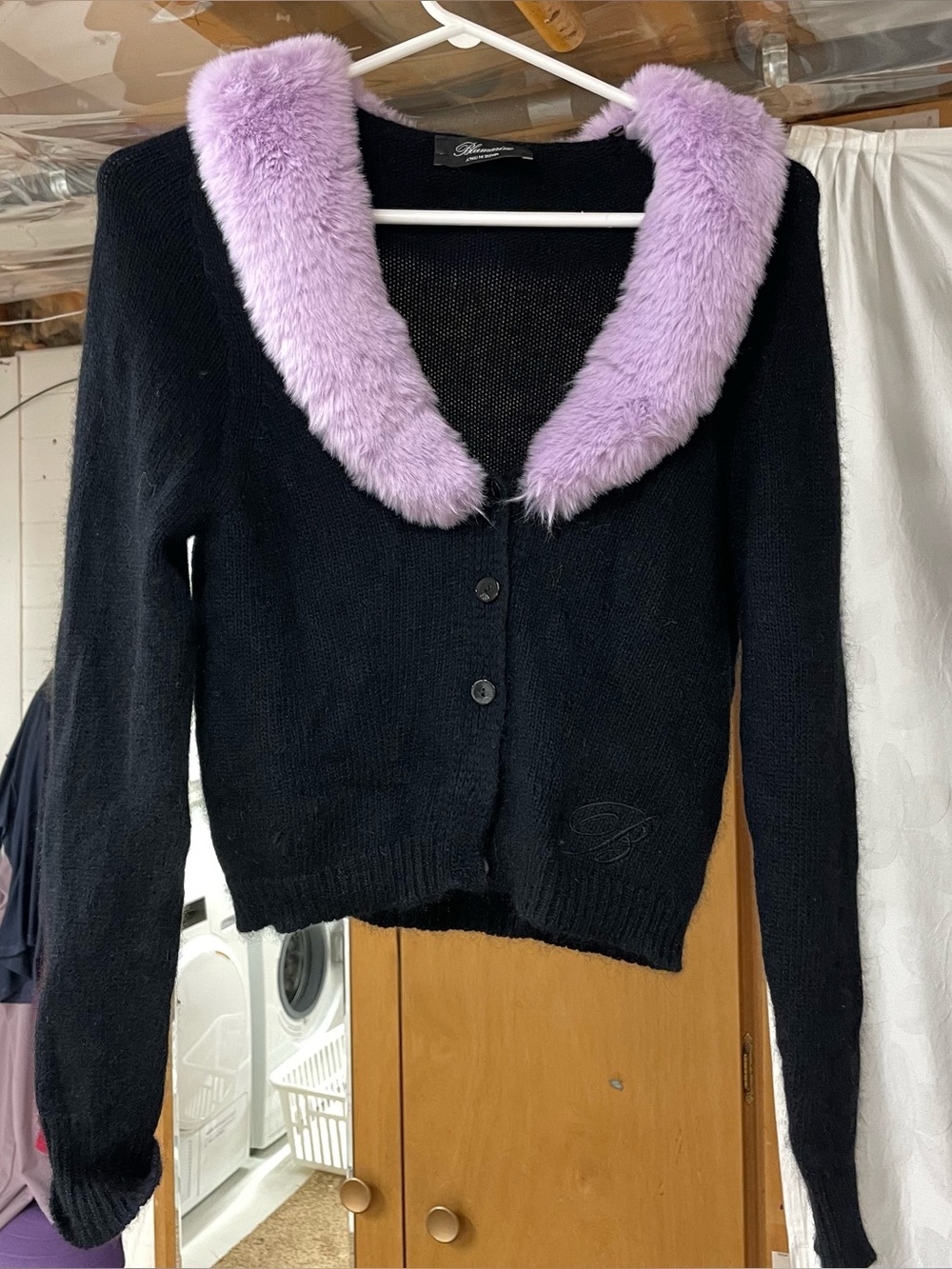 Blumarine Black Wool Sweater Set with Lavender Faux Fur Collar
